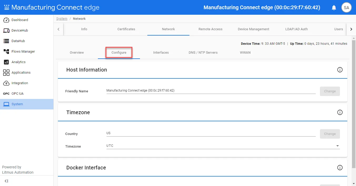 System Network Configure tab
