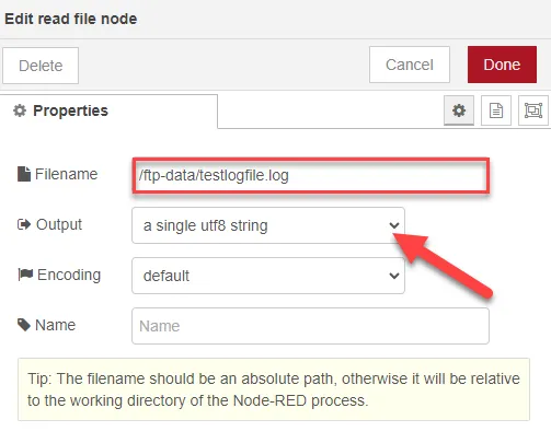 Edit read file node dialog box
