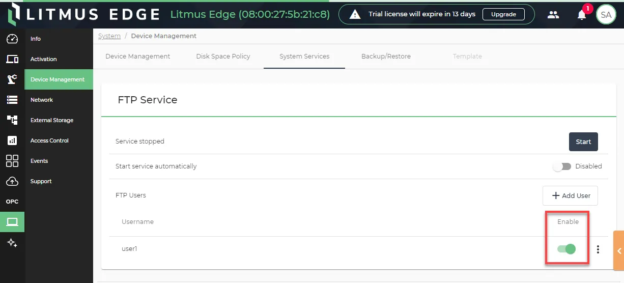 The Enable toggle for FTP Users