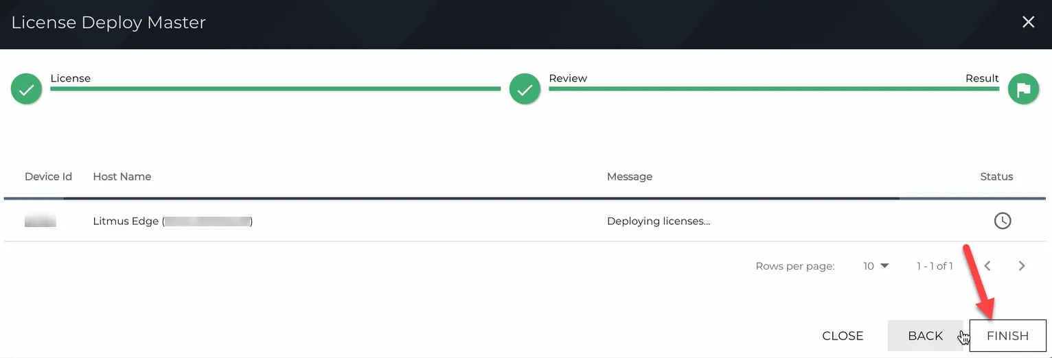 Result tab for License Deploy Master dialog box Result tab for License Deploy Master dialog box