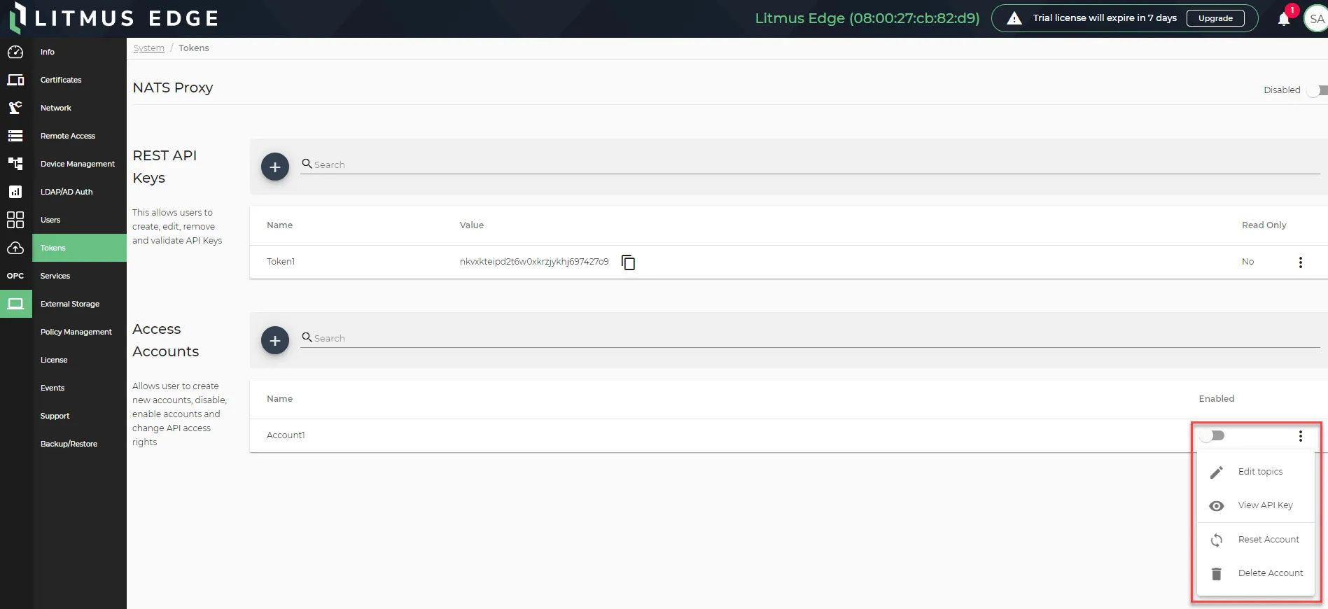 Action menu options for REST API accounts