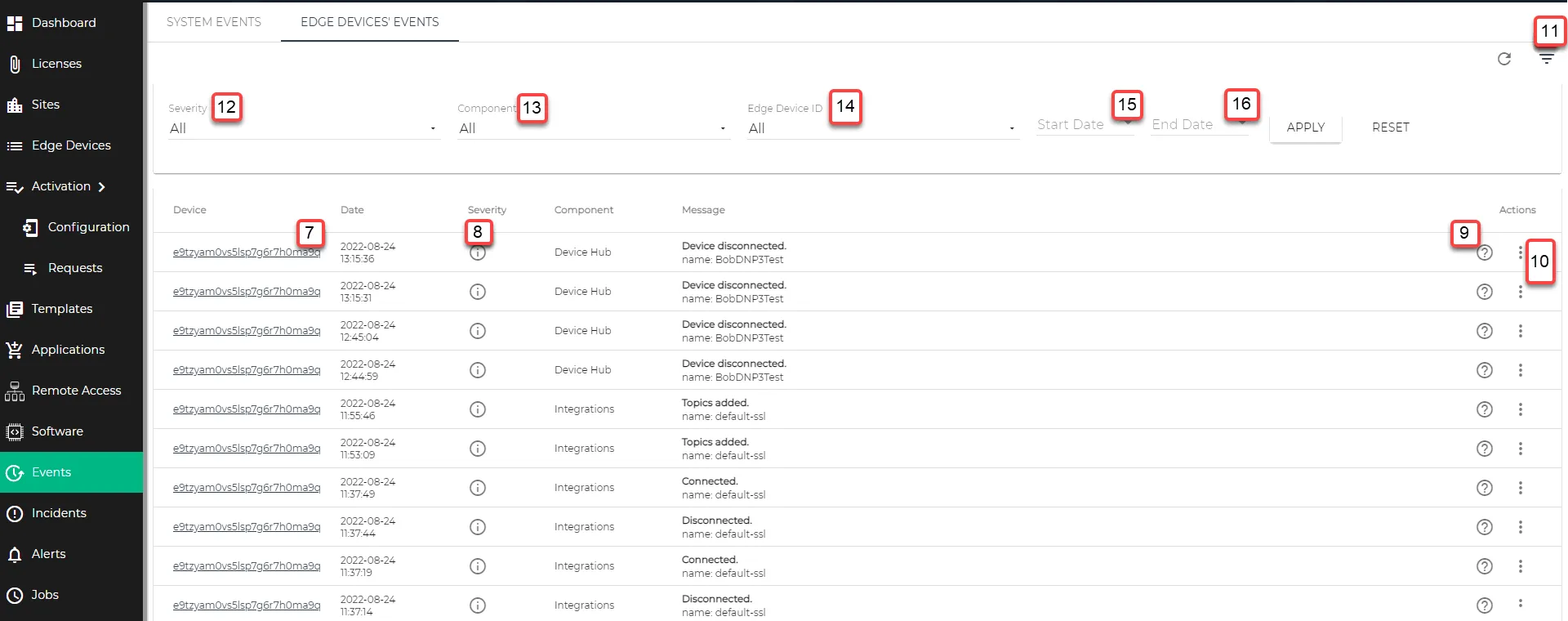 Events [Project View]: Edge Device's Events tab