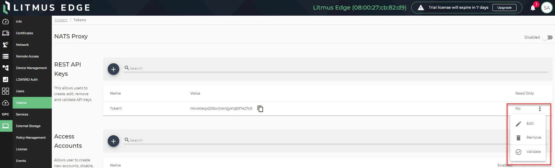 Action menu options for tokens
