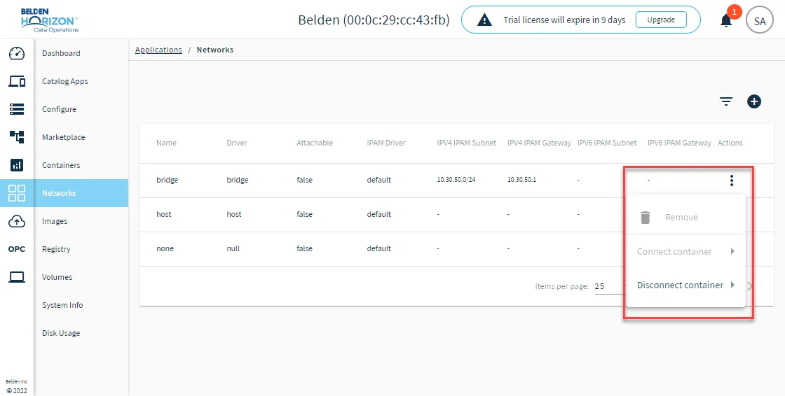 Network action menu options Network action menu options