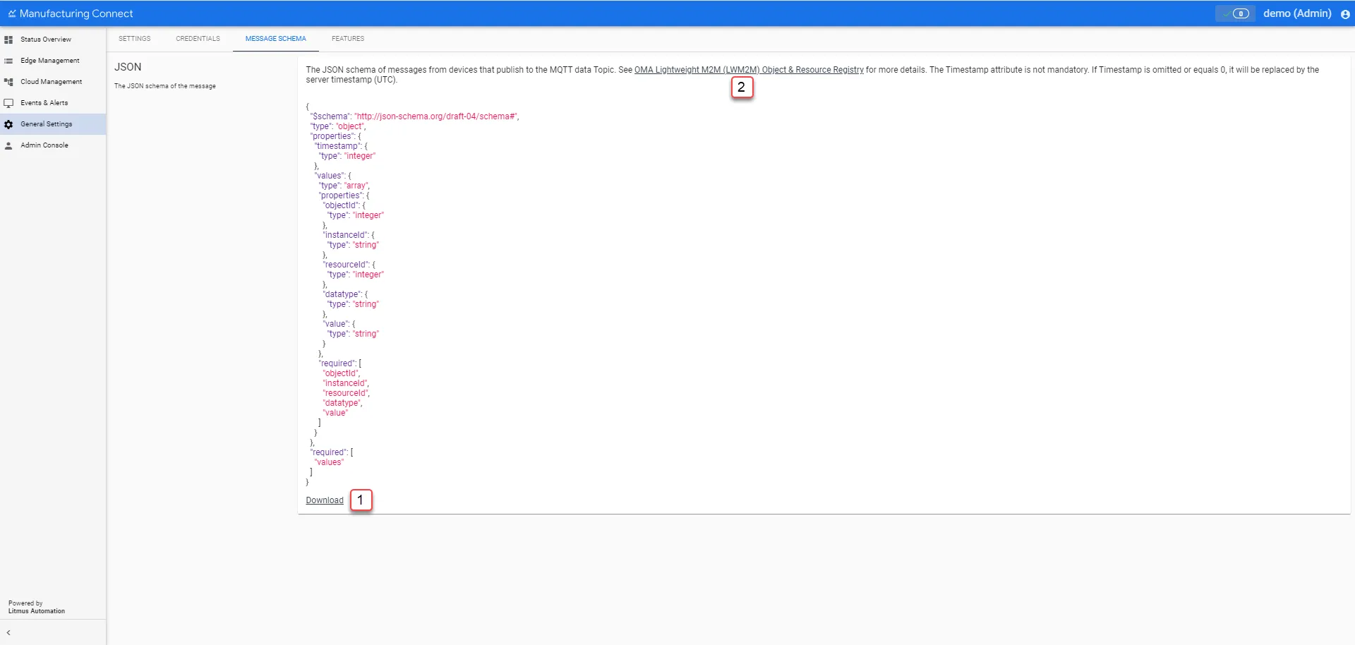 Manufacturing Connect User UI : General Settings : Message Schema tab
