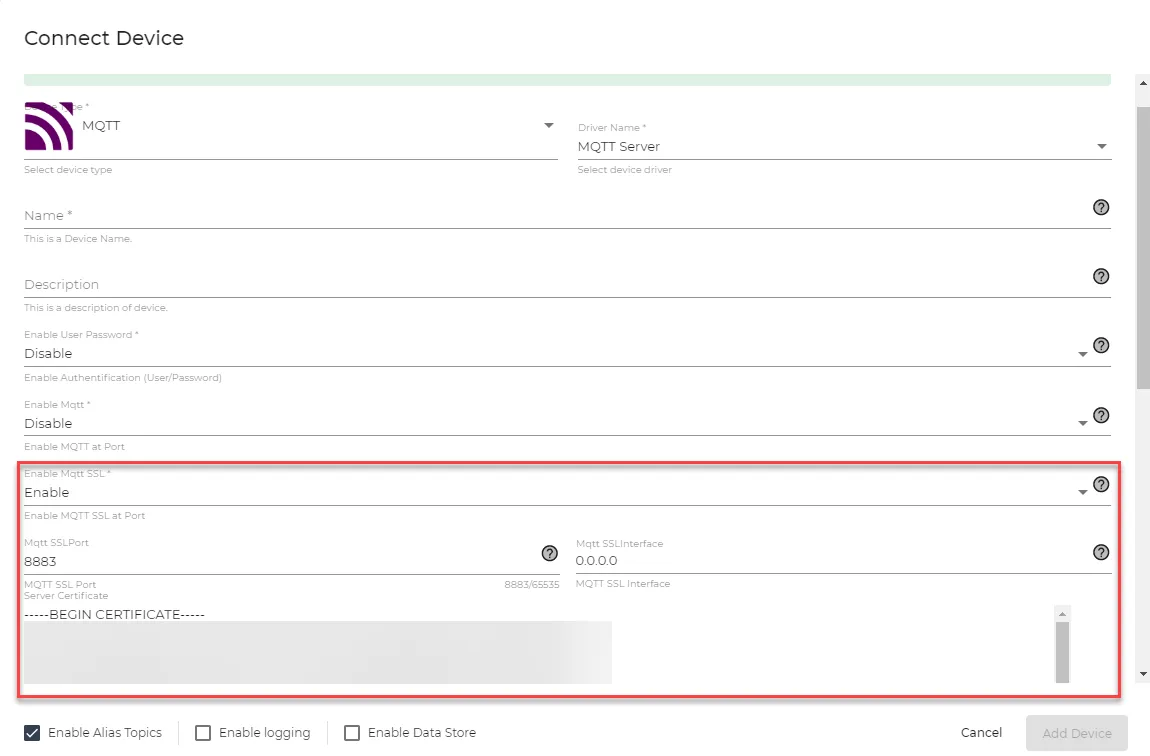 MQTT SSL fields MQTT SSL fields