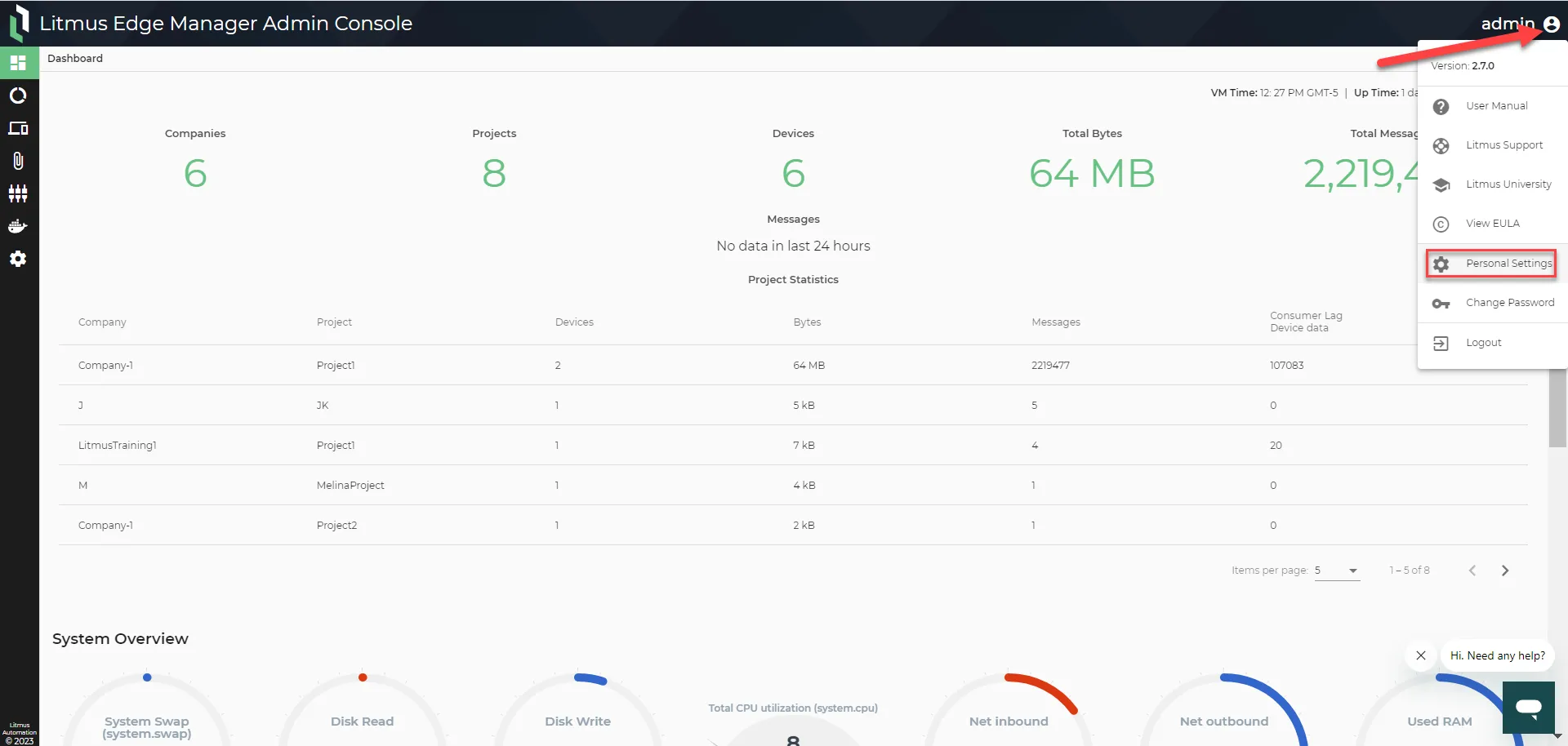 Litmus Edge Manager Admin Console : Access Personal Settings