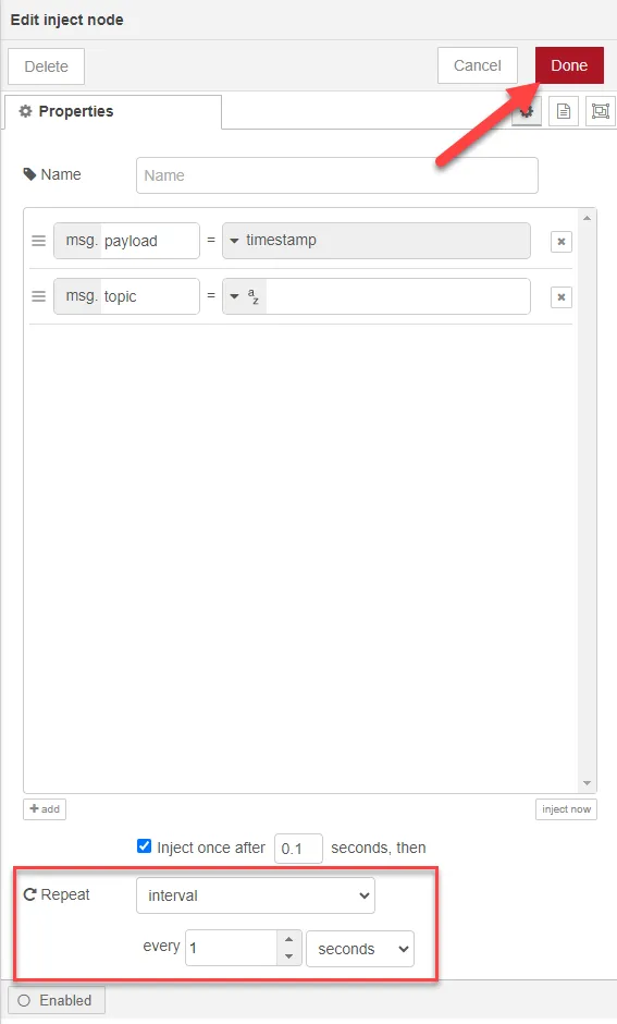 Edit inject node dialog box Edit inject node dialog box