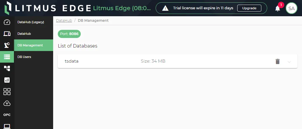 DataHub DB Management pane