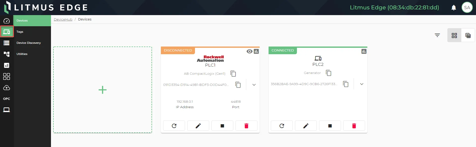 Devices in DeviceHub card view