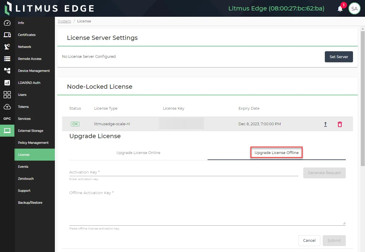 The Upgrade License Offline tab