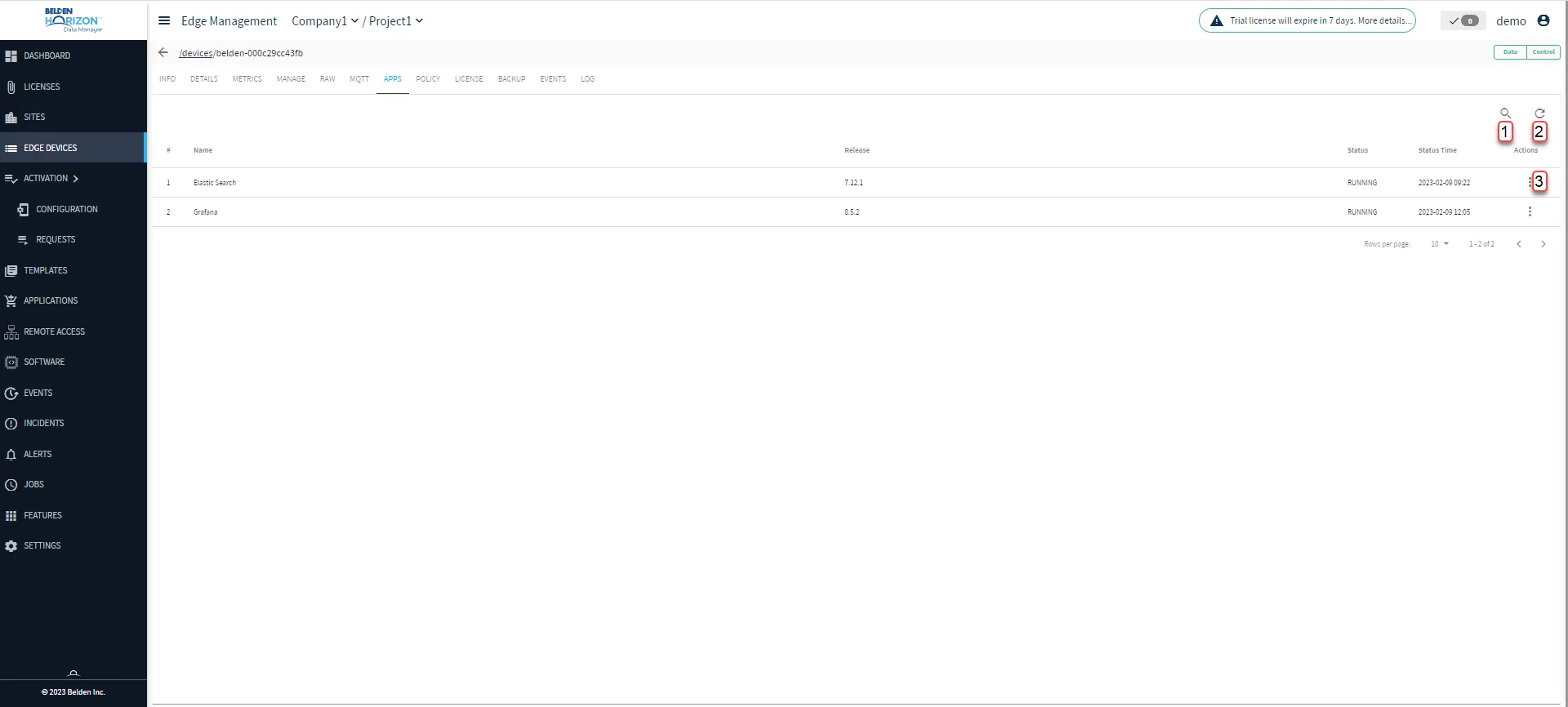 Belden Horizon Data Manager User UI : Edge Device Details : Apps tab Belden Horizon Data Manager User UI : Edge Device Details : Apps tab