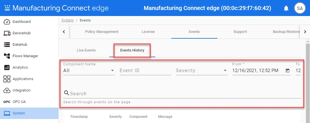 Events History tab Events History tab