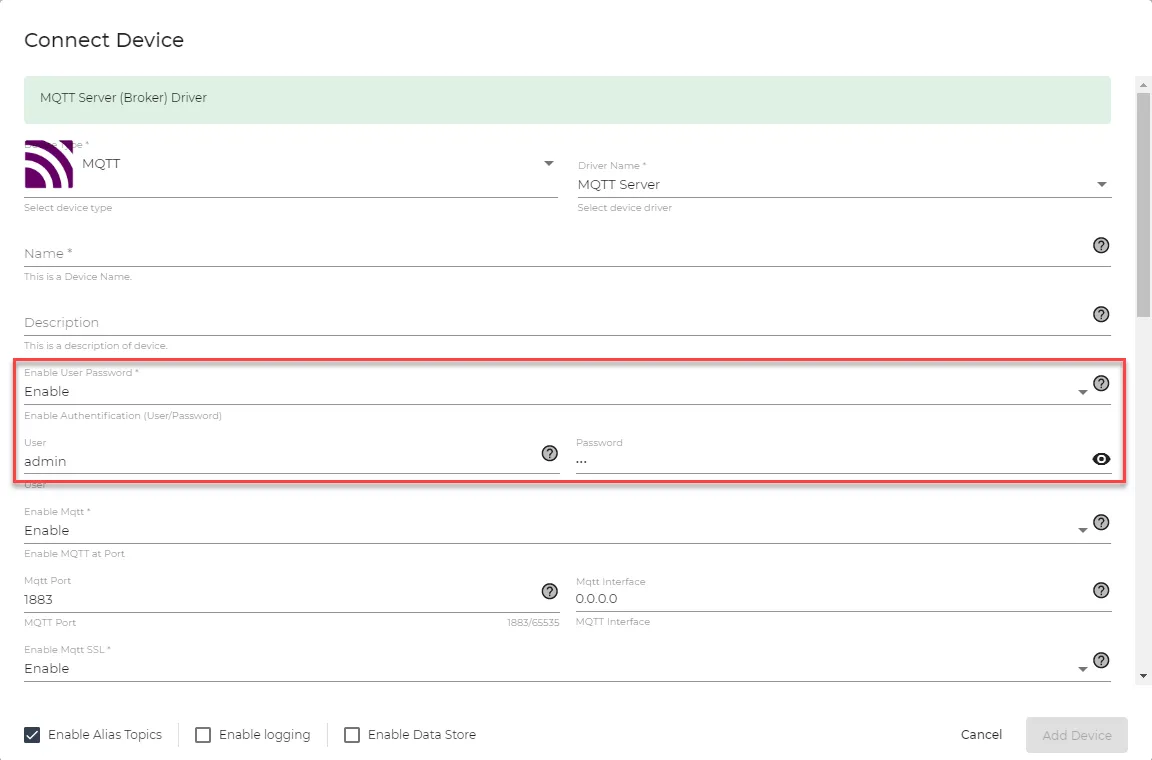 User and Password fields User and Password fields