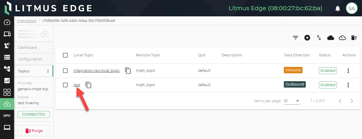 The local topic name for the outbound topic