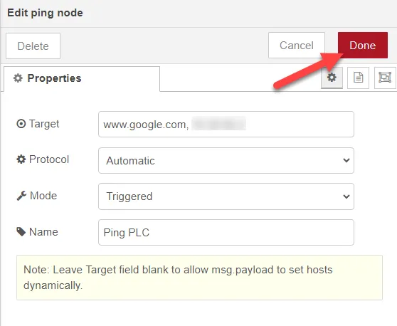 Edit ping node dialog box 