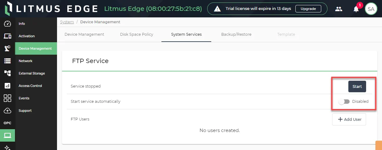 FTP Service management options