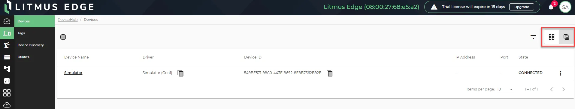 The icons that change the device view
