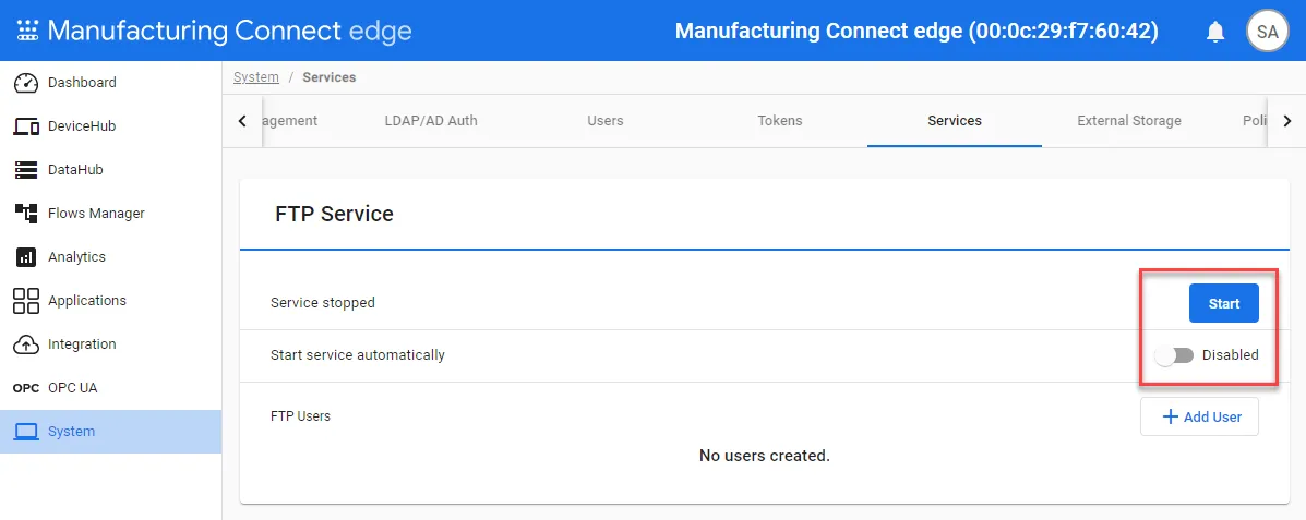 FTP Service management options
