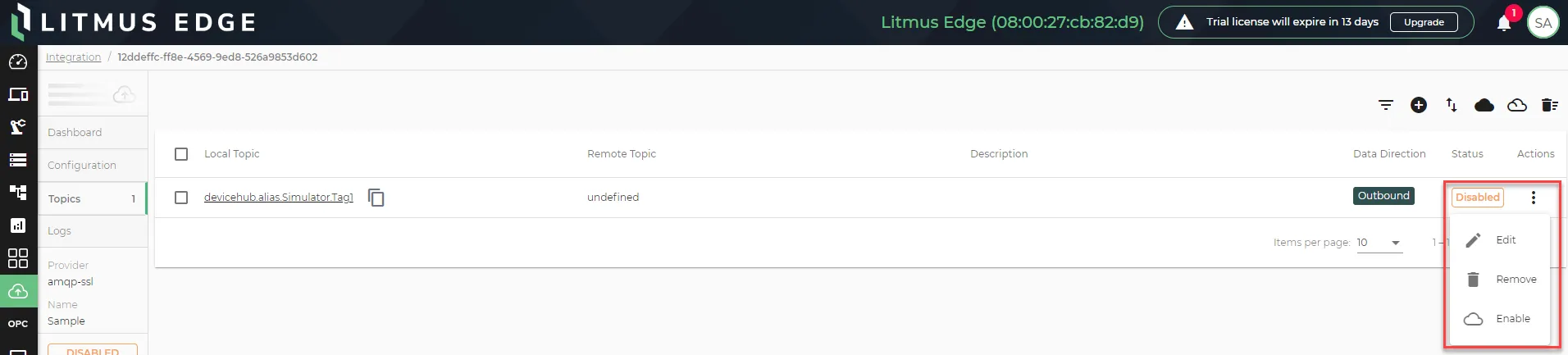 The action menu for a connector topic