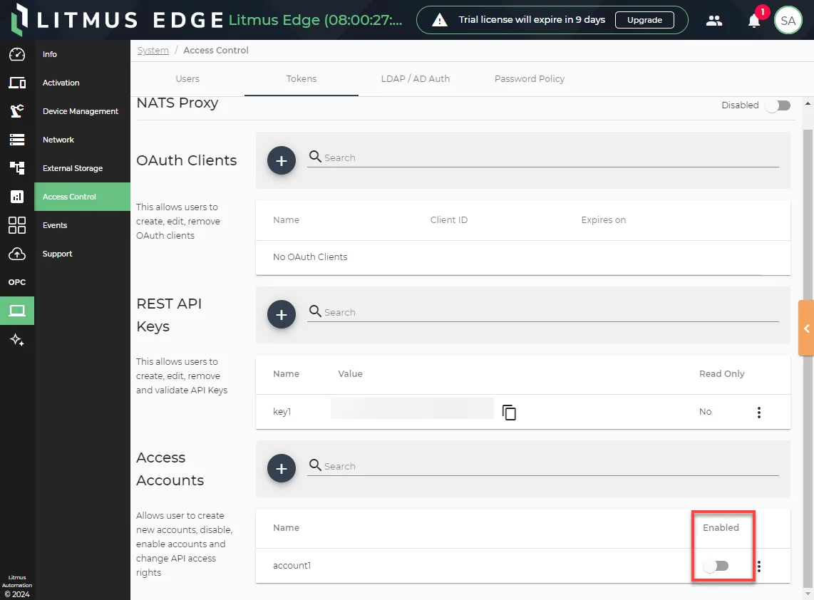 The toggle to enable API access accounts The toggle to enable API access accounts