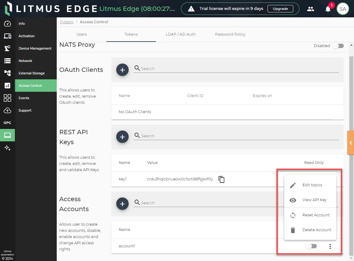 Action menu options for REST API accounts Action menu options for REST API accounts