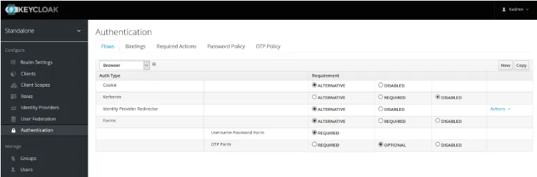 Keycloak interface Authentication pane