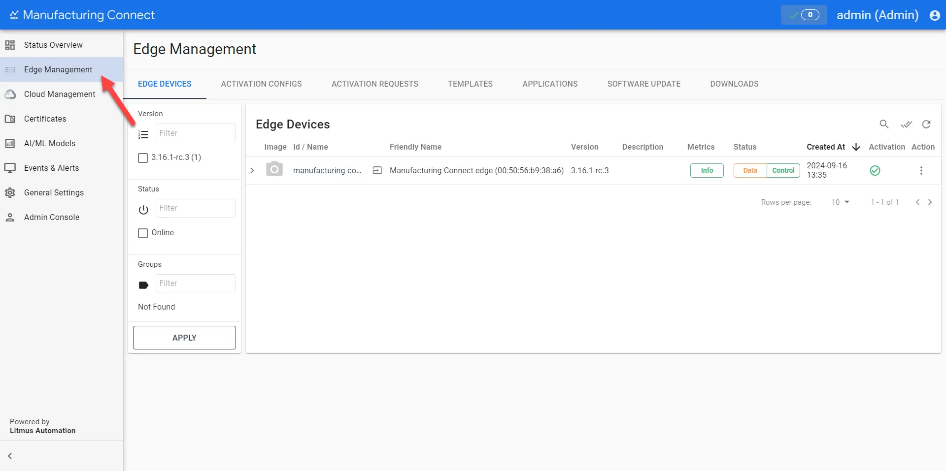 Edge Management page Edge Management page