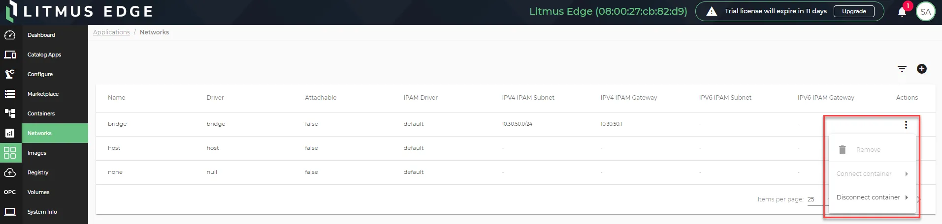 Network action menu options