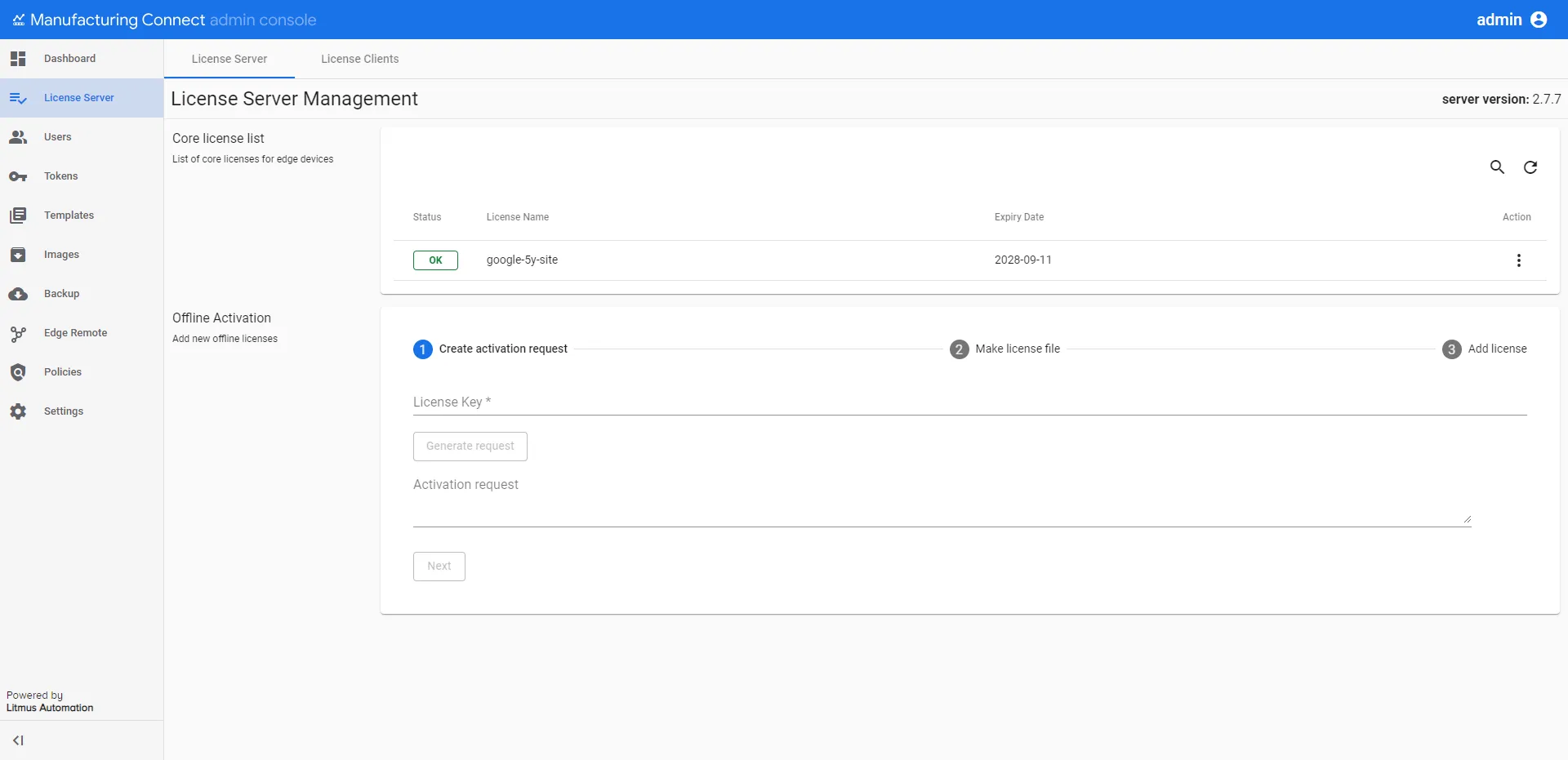Manufacturing Connect Admin Console : License Server Management