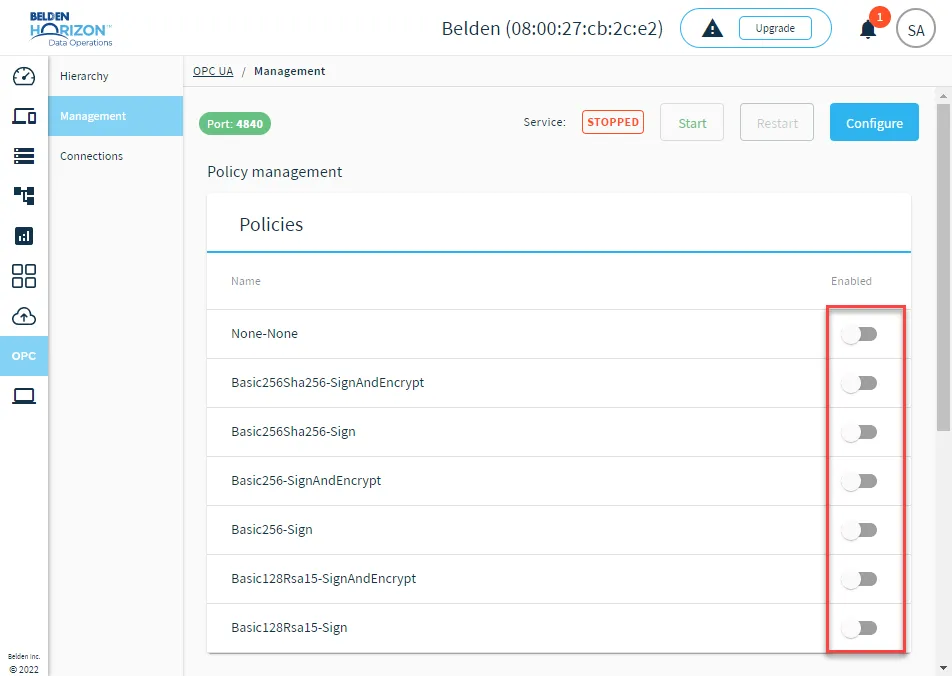 Toggle for OPC UA policies Toggle for OPC UA policies