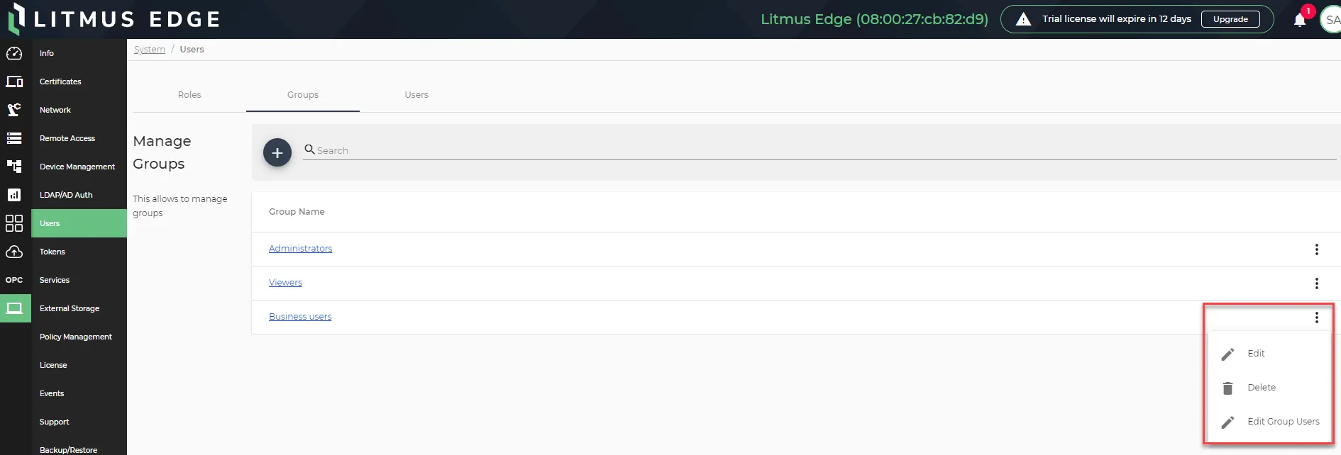 The action menu for a group