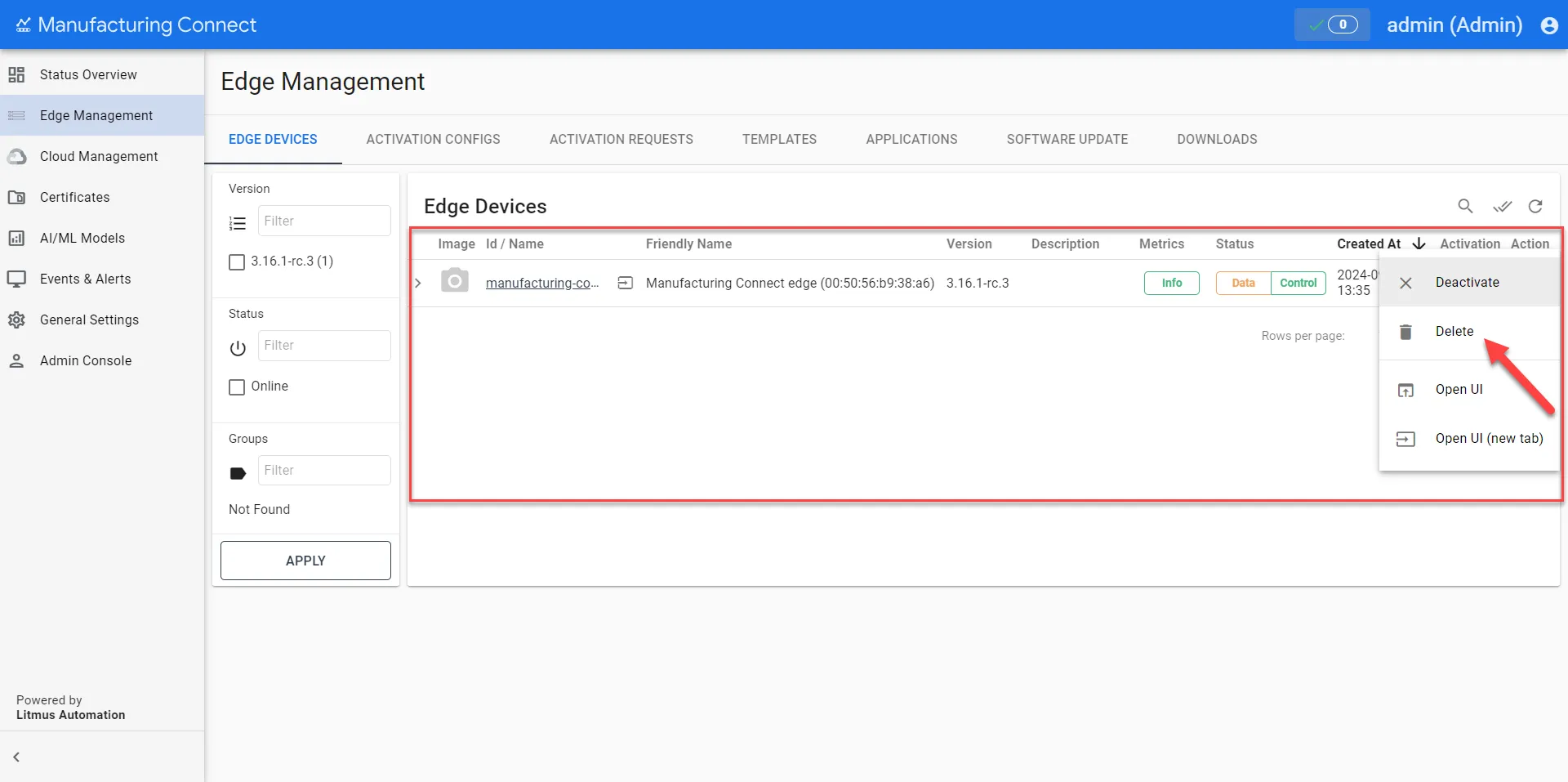 Edge Management page Edge Management page