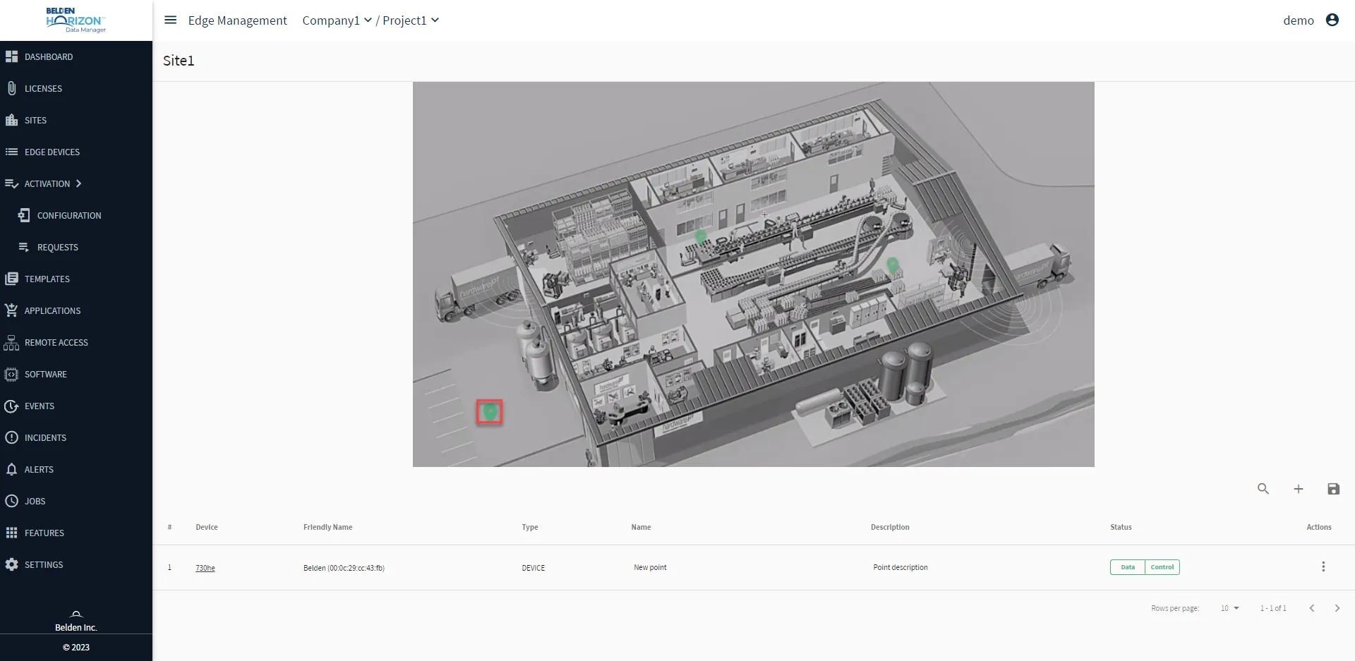 Belden Horizon Data Manager User UI : Site : Show Site Points: Green Map Point