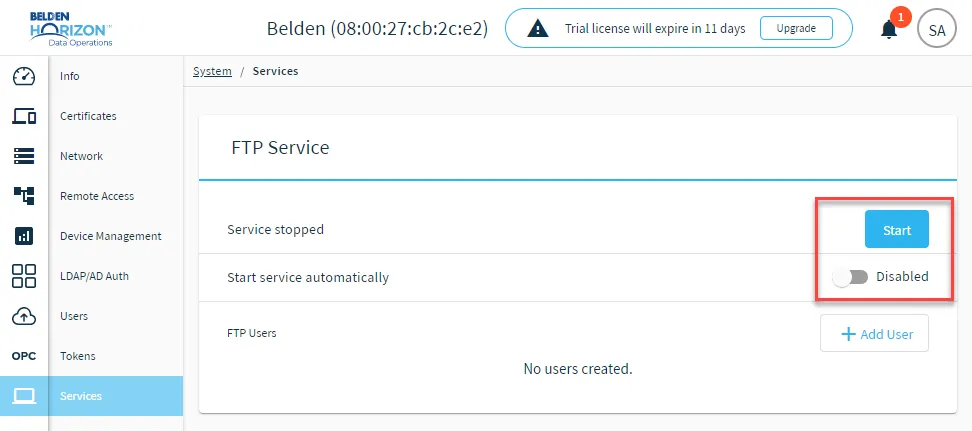 FTP Service management options FTP Service management options