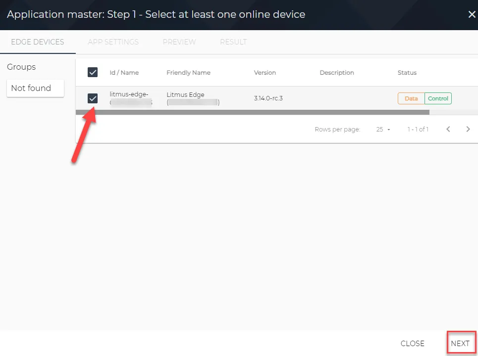Application master: Step 1 - Select at least one online device dialog box Application master: Step 1 - Select at least one online device dialog box