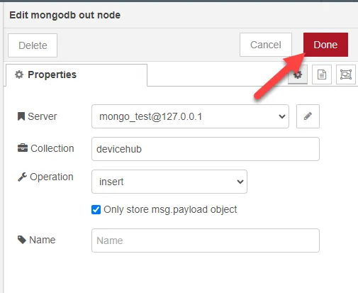 Edit mongodb out node dialog box Edit mongodb out node dialog box