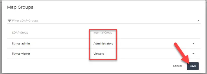 Map Groups dialog box - With Permissions Map Groups dialog box - With Permissions
