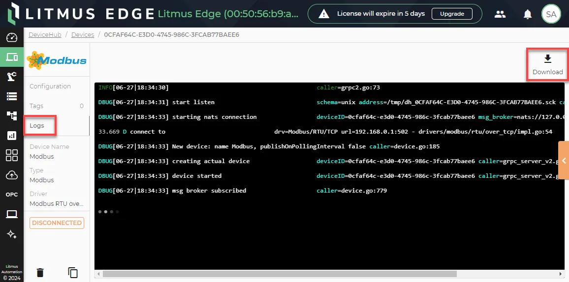 The Logs tab