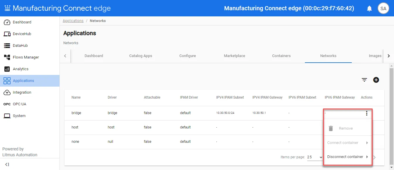 Network action menu options