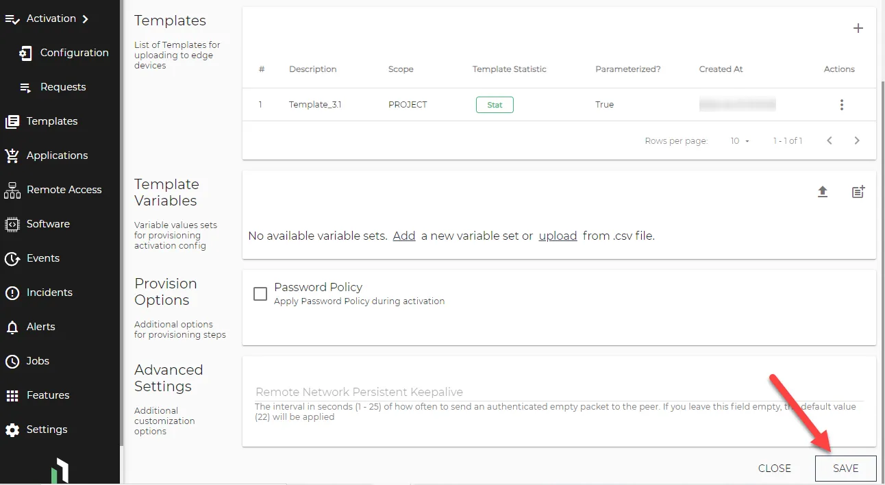 Activation Configuration save button