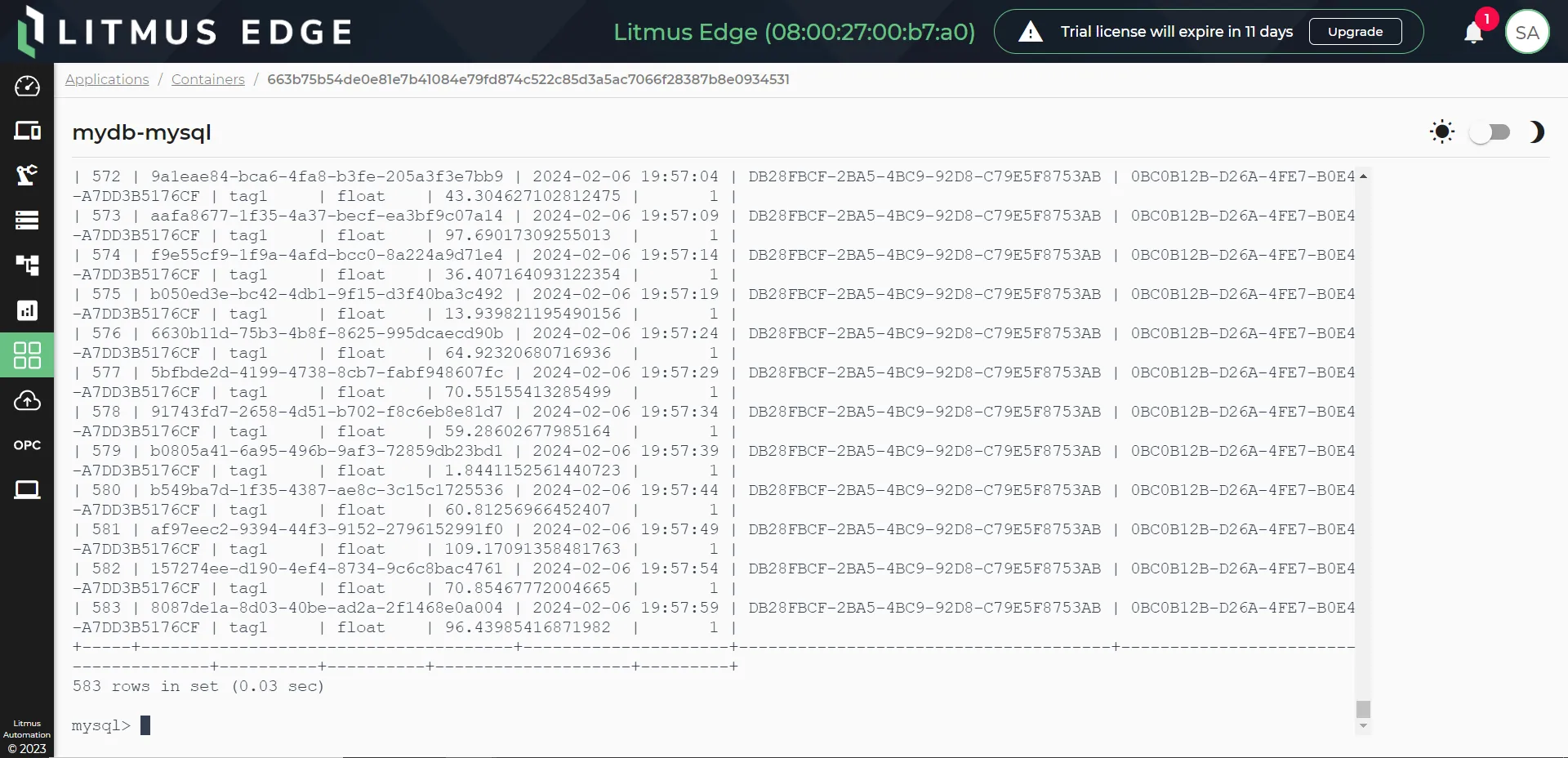 Output of custom query on test_table