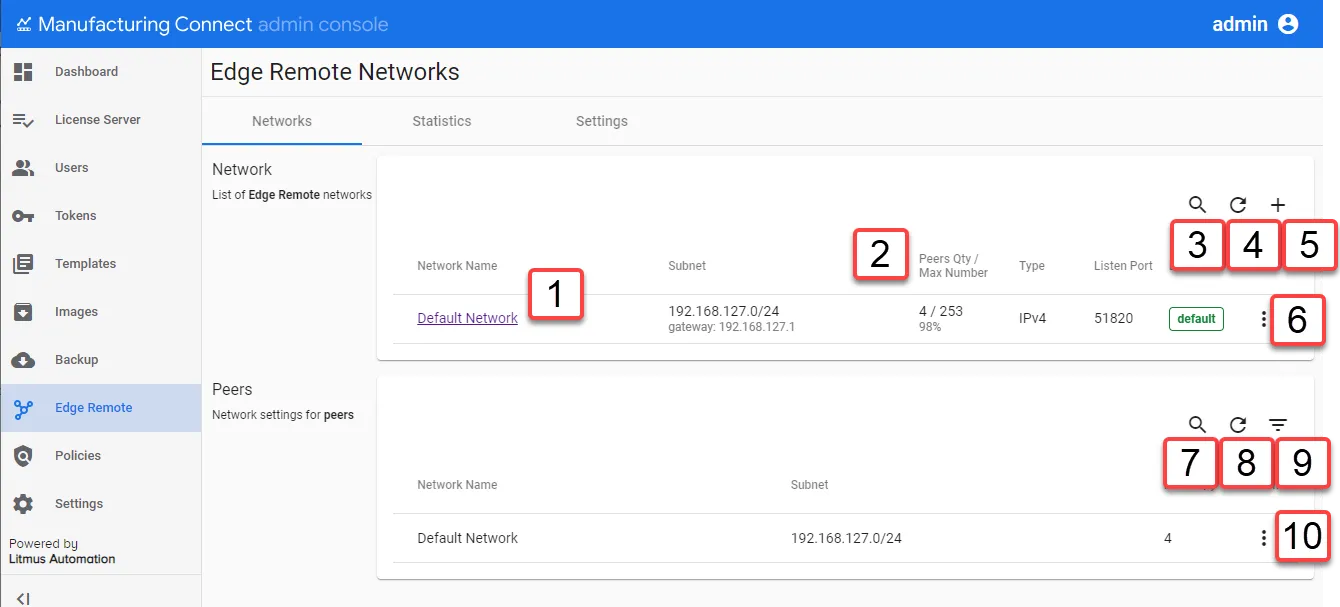 Manufacturing Connect Admin Console : Edge Remote: Network tab Manufacturing Connect Admin Console : Edge Remote: Network tab