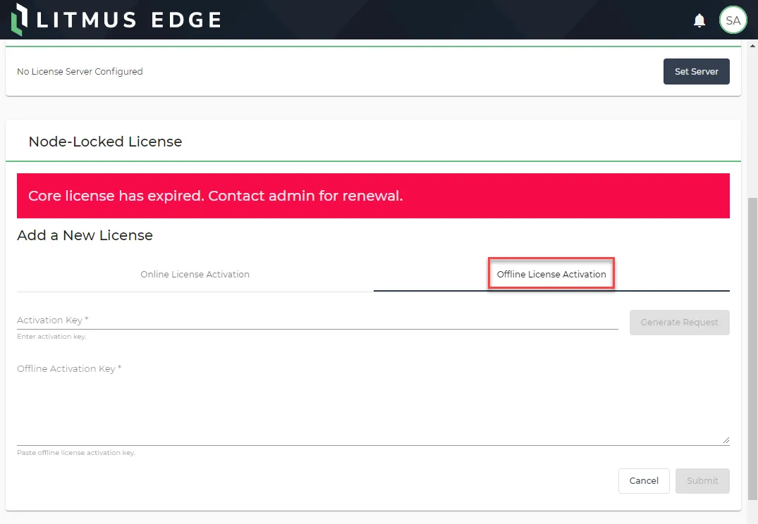 The Offline License Activation tab