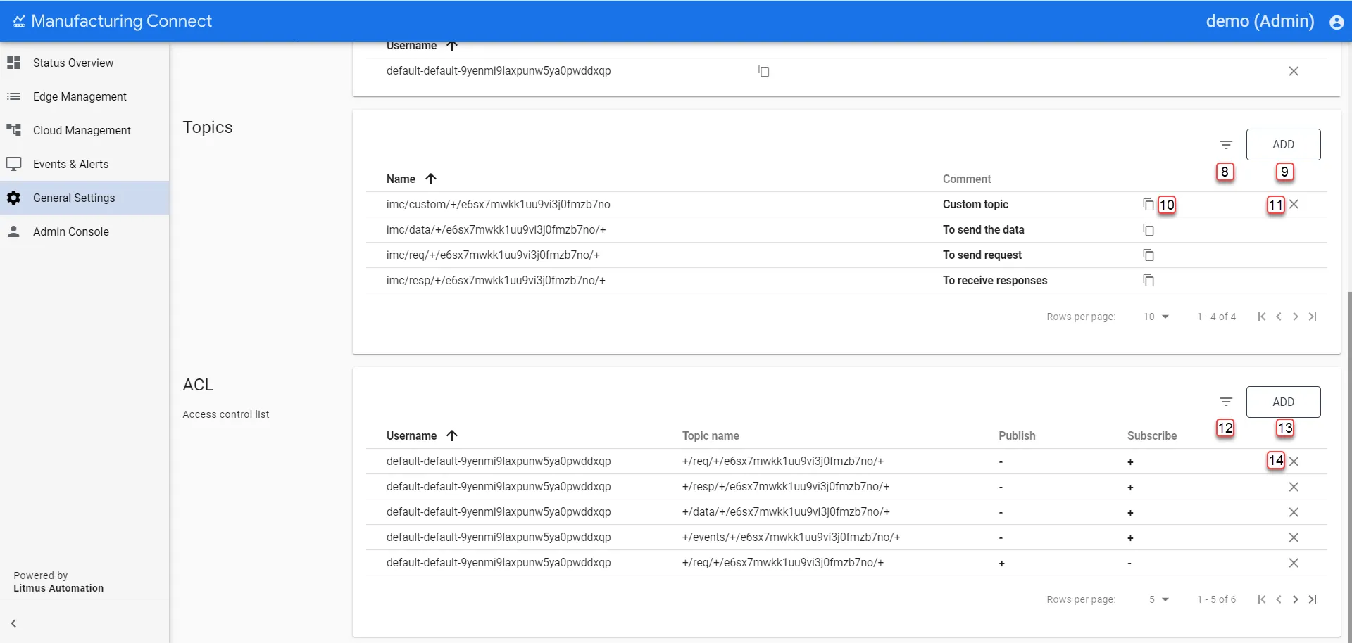 Manufacturing Connect User UI : General Settings : Credentials tab 2/2