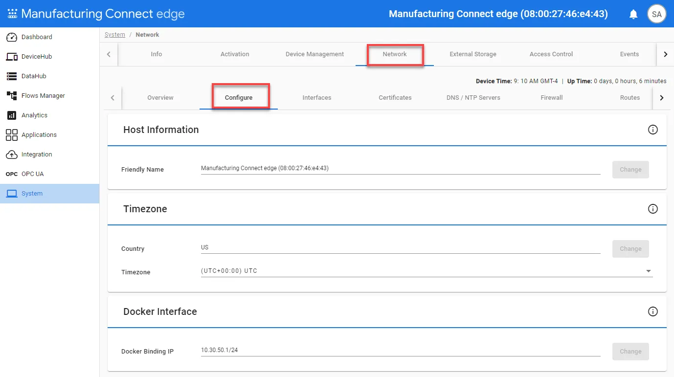 System Network Configure tab System Network Configure tab