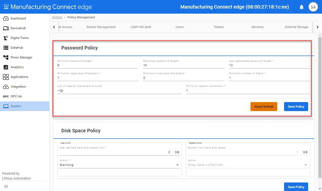 Received password policy Received password policy