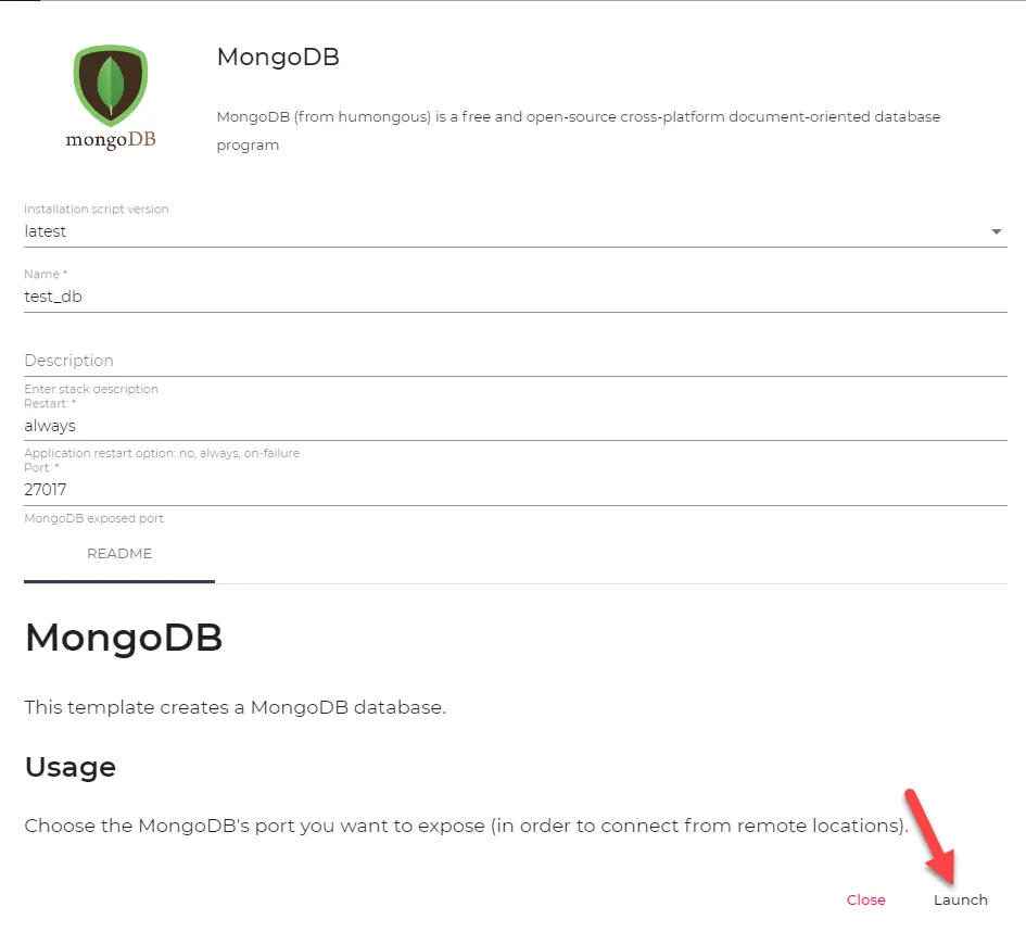 MongoDB configuration dialog box MongoDB configuration dialog box
