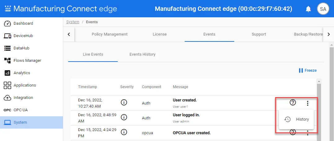 The History option for live events The History option for live events