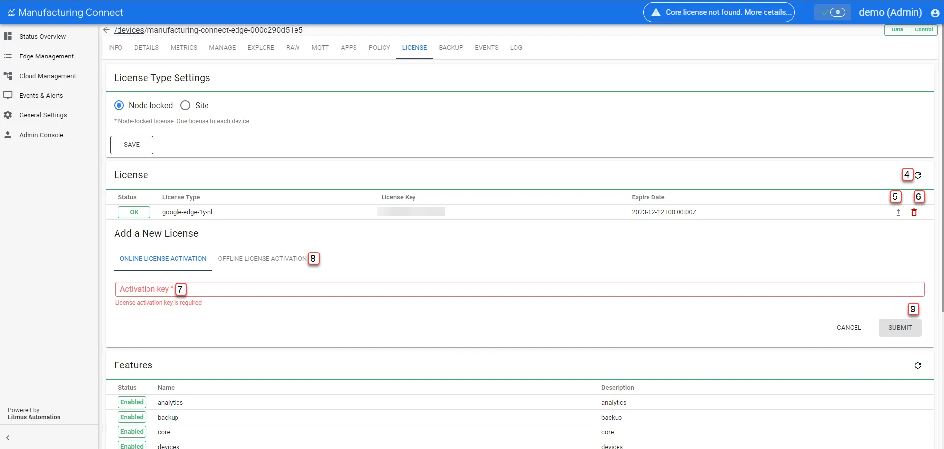 Manufacturing Connect User UI : Edge Device Details : Licenses tab : Node-locked features 1/3 : Online License Activation